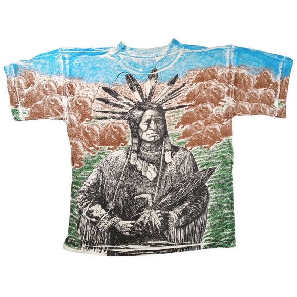 Vintage T shirt Indian Buffalo All Over Print Native American XL Chief Tribal - Picture 2 of 8